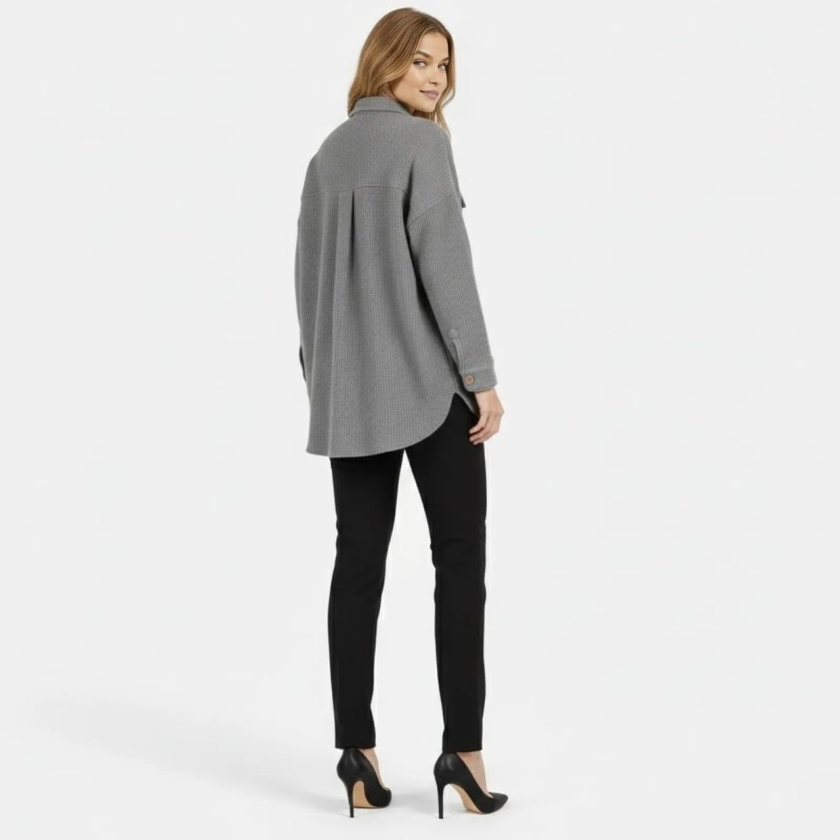 Back view of the Kouvr Donna Shacket in heather grey, highlighting the back yoke and box pleat detail.