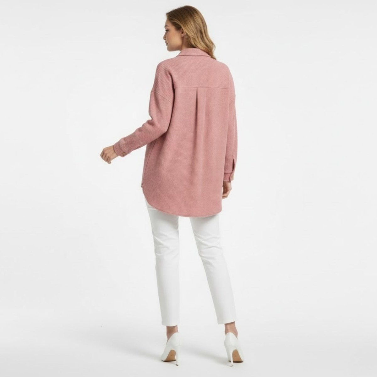 Back view of the Kouvr Donna Waffle Shacket, highlighting the box pleat detail and oversized drape in a dusty rose color.