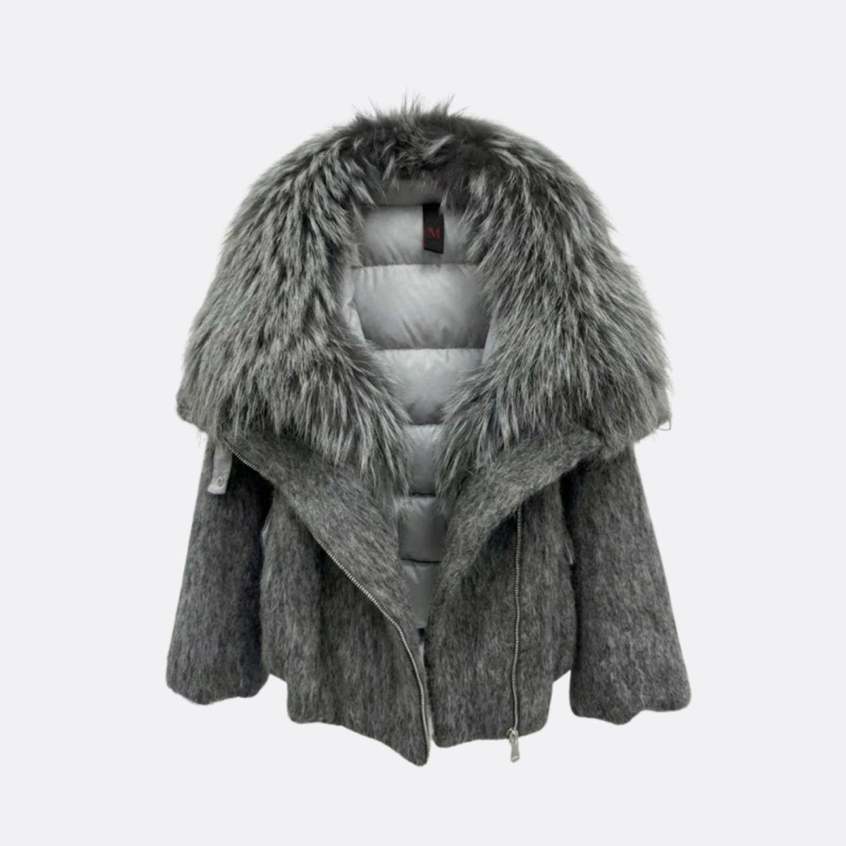Product-only shot of the Kouvr Dorothy dark grey moto jacket open, showing the silver quilted satin lining and luxurious faux fur collar.