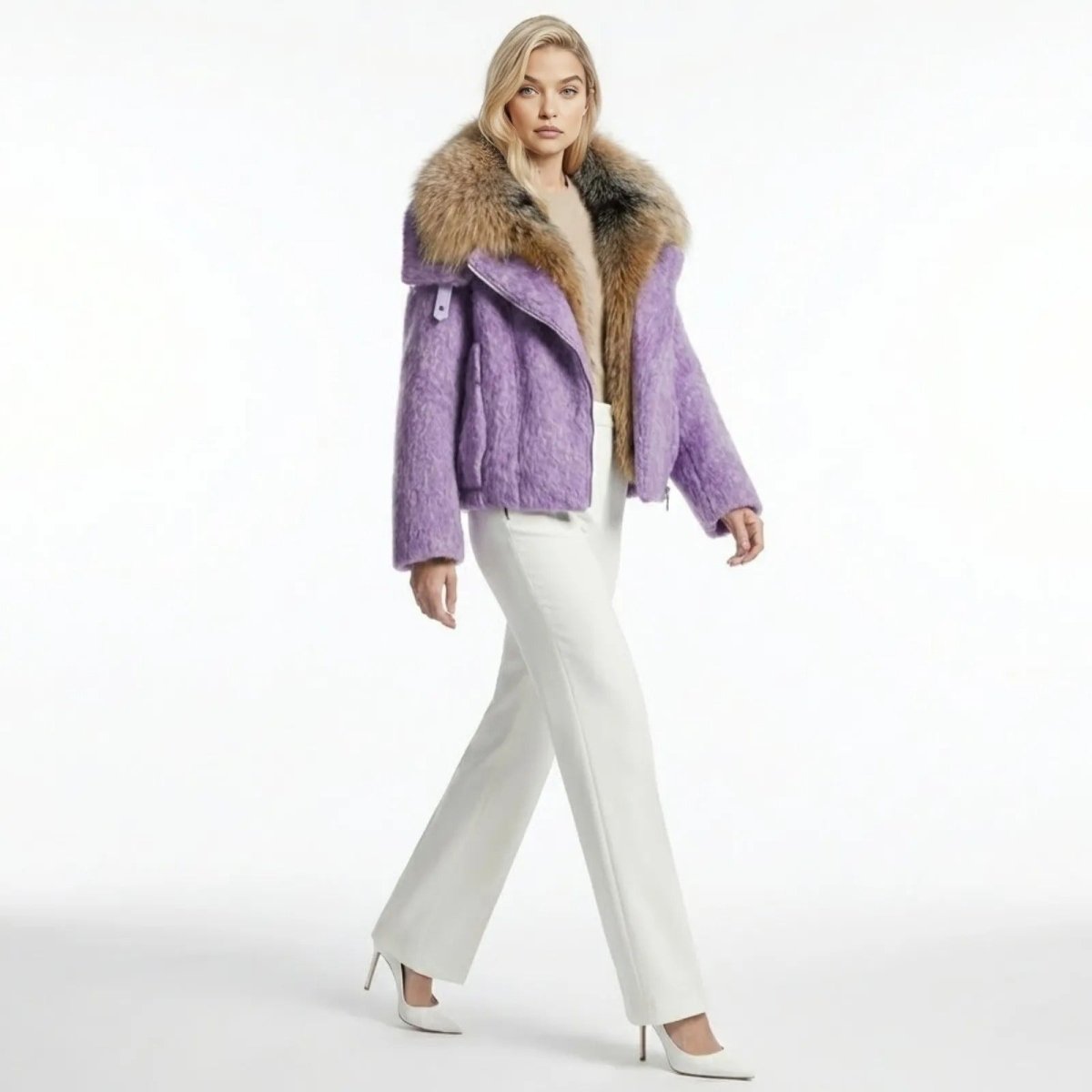 Model in a walking pose wearing the Kouvr Dorothy purple wool moto jacket, showing the side profile and asymmetrical zip detail.