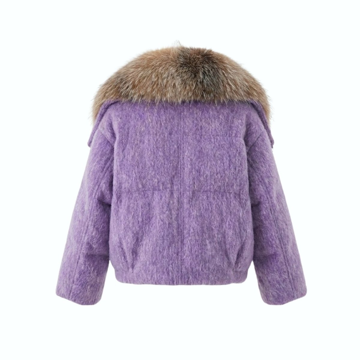 Product-only photo of the back of the Kouvr Dorothy purple wool jacket, displaying the full fur collar and boucle texture details.