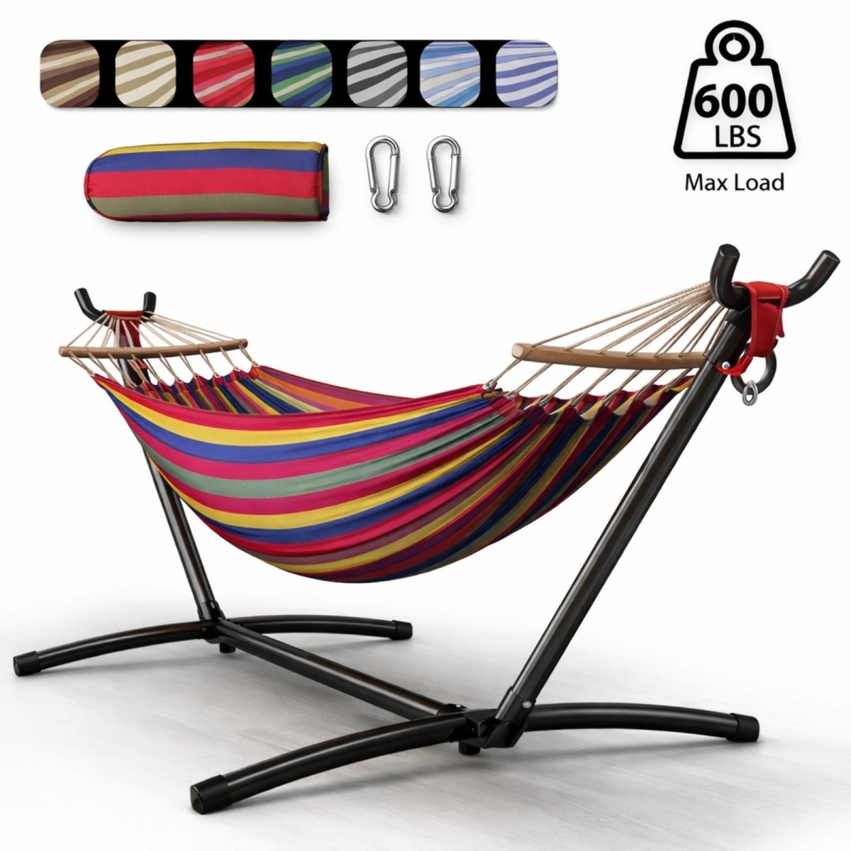 Studio shot of the Kouvr double hammock with stand in a vibrant multicolor stripe pattern, showing the included carry case, carabiners, and 600lb max load capacity icon.