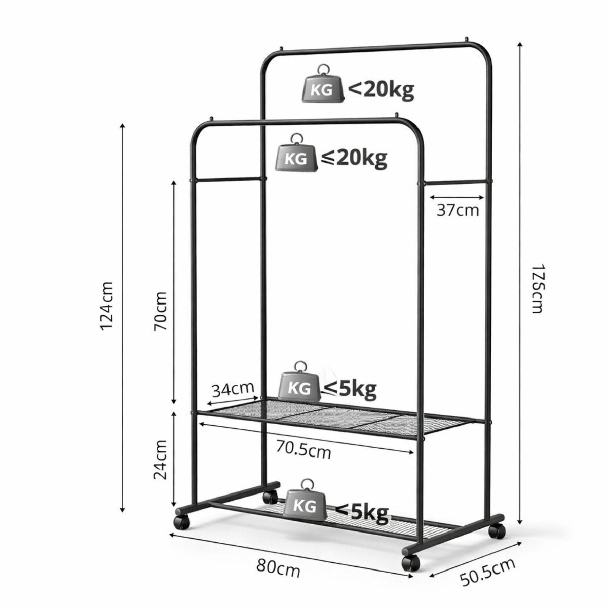 A detailed diagram of the Kouvr black garment rack showing its dimensions in centimeters and its weight capacity in kilograms for the hanging rods and shelves.