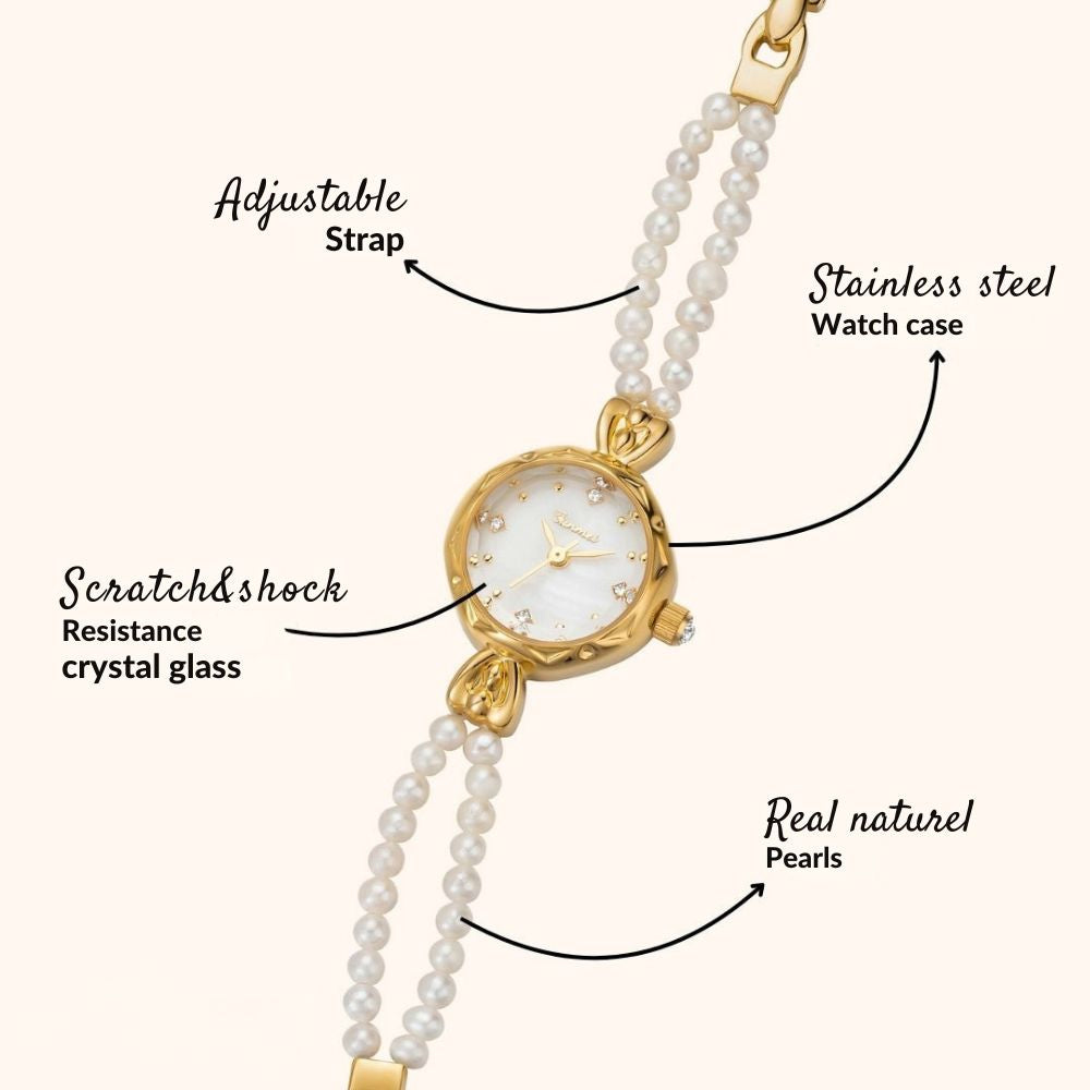 Gold kouvr watch with pearl strap labeled for features on a white background