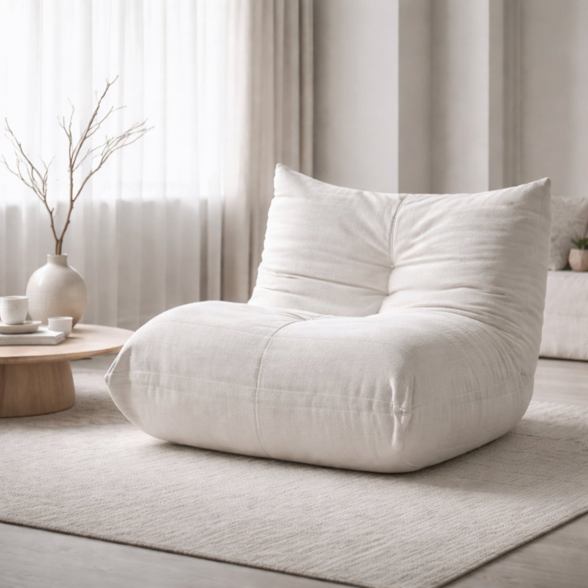 Kouvr Dune modern floor sofa in cream white mohair fabric featuring tufted ergonomic design and low profile silhouette for minimalist living rooms.