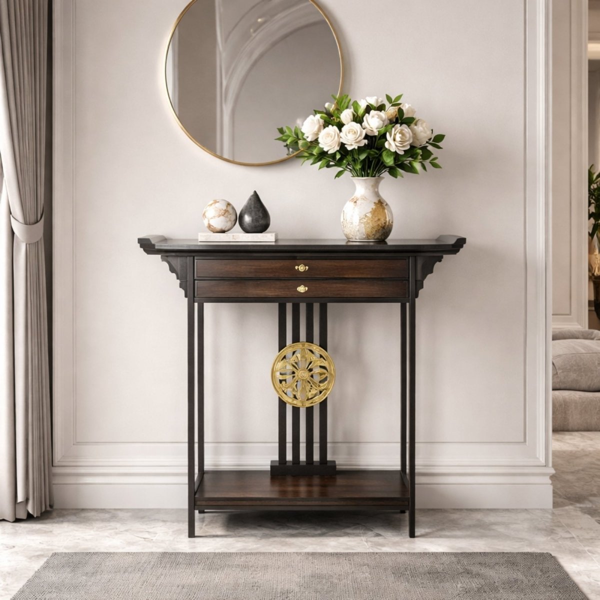The Kouvr Dynasty Asian-inspired console table in a dark espresso finish, shown in a well-lit entryway with a vase of white roses and a gold circular mirror.