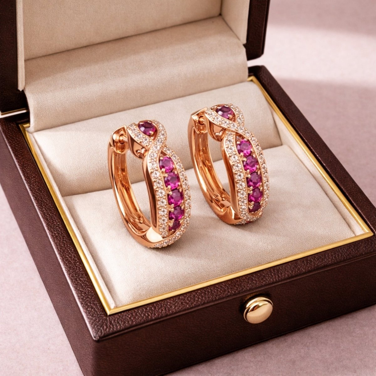 The rose gold ruby and diamond earrings displayed in a luxurious dark brown leatherette gift box, perfect for an anniversary or special occasion.