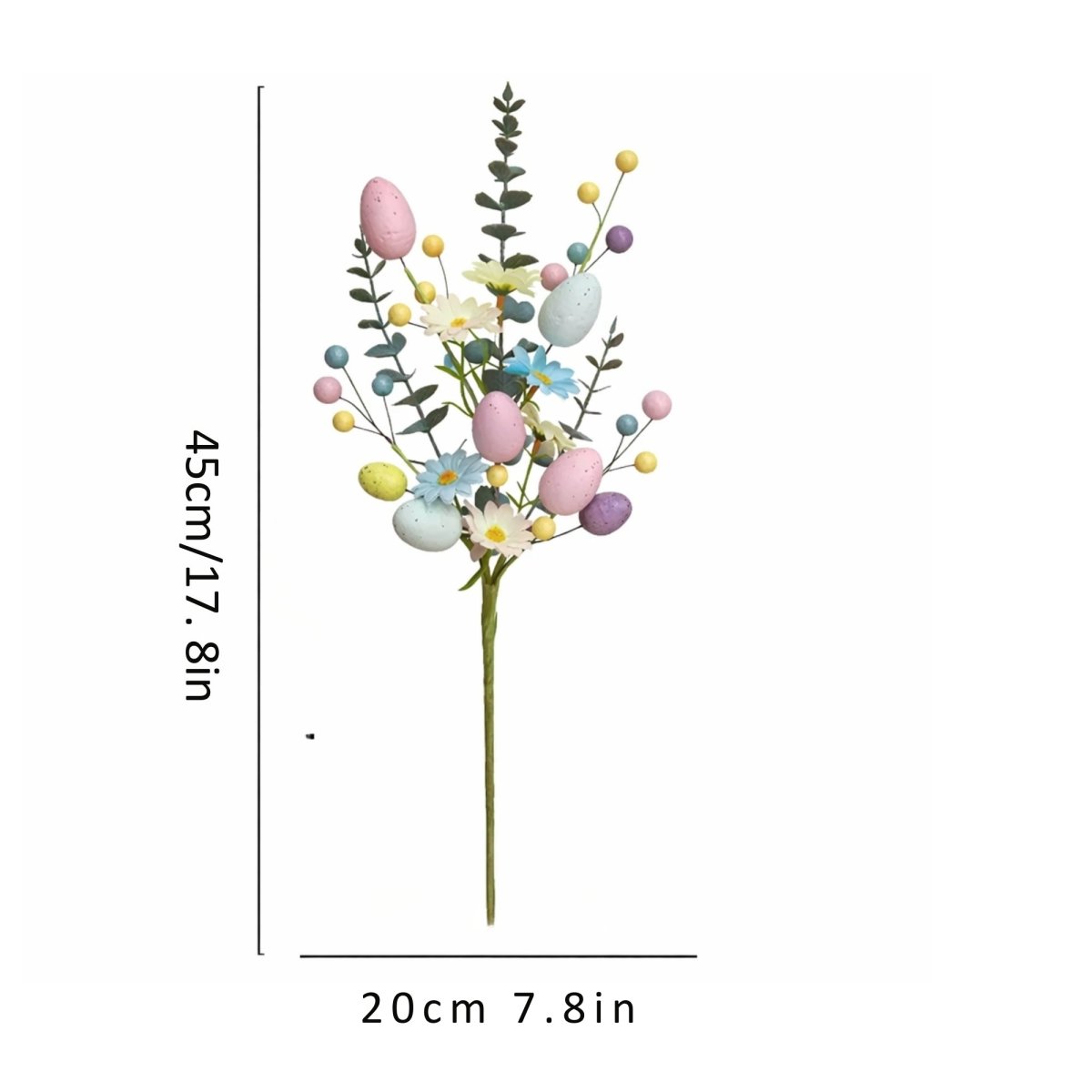 A product image showing the dimensions of the Kouvr Easter egg floral stem, measuring 45cm (17.8 inches) high and 20cm (7.8 inches) wide.