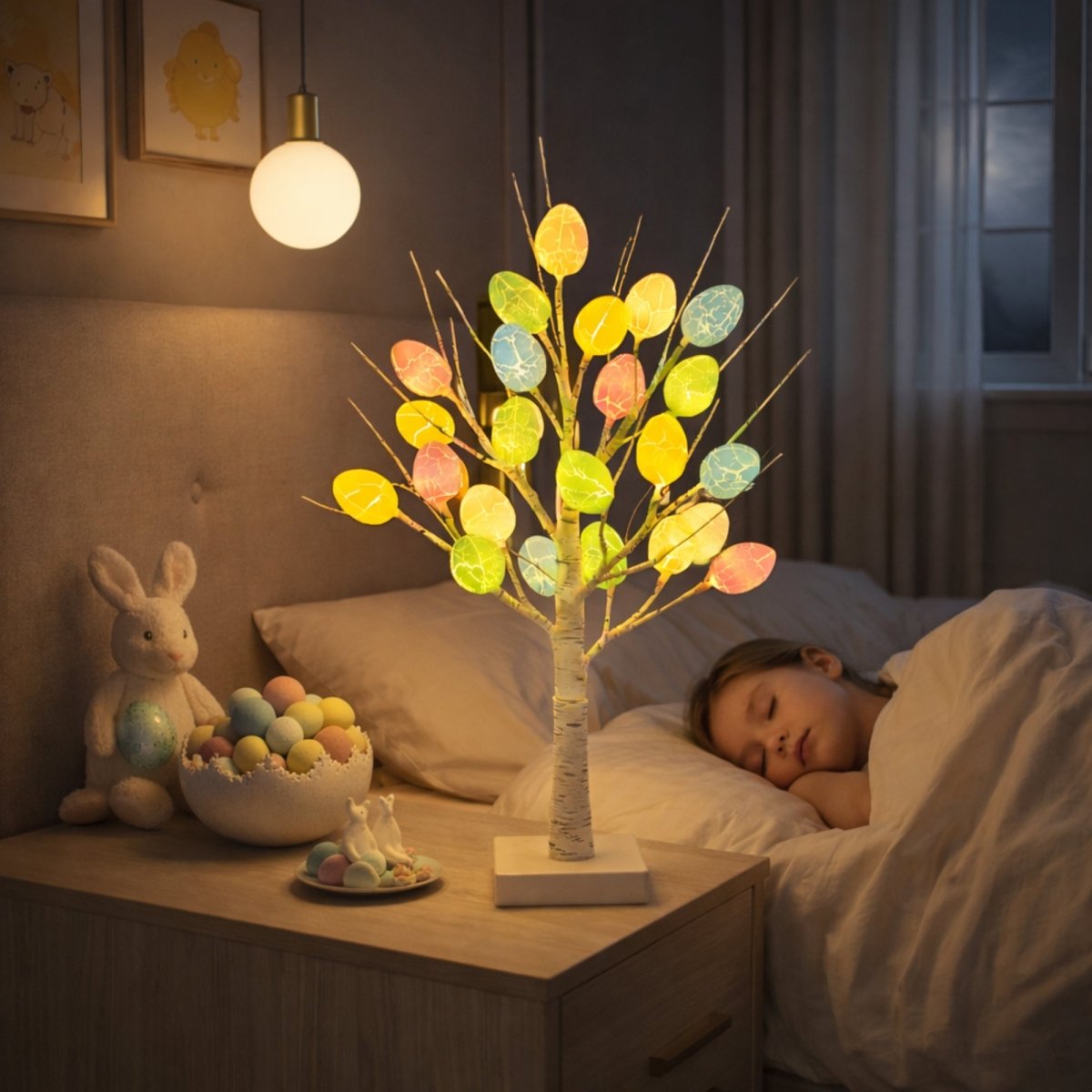 A lighted Easter egg tree serves as a gentle night light on a bedside table where a young girl is sleeping peacefully.