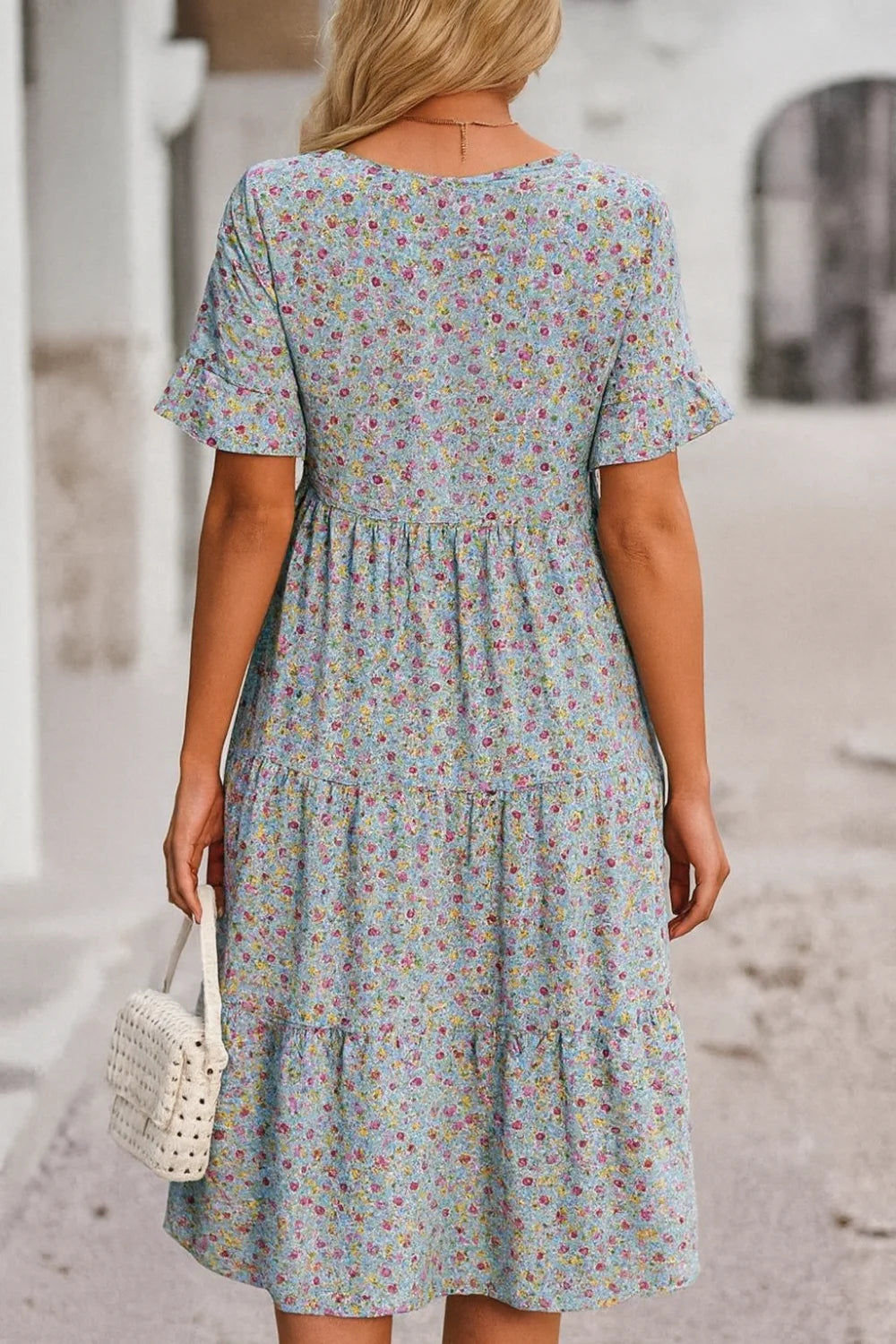 flutter sleeve dress," "tiered casual dress," "flowy boho dress," "women's v-neck dress," and "romantic garden party dress