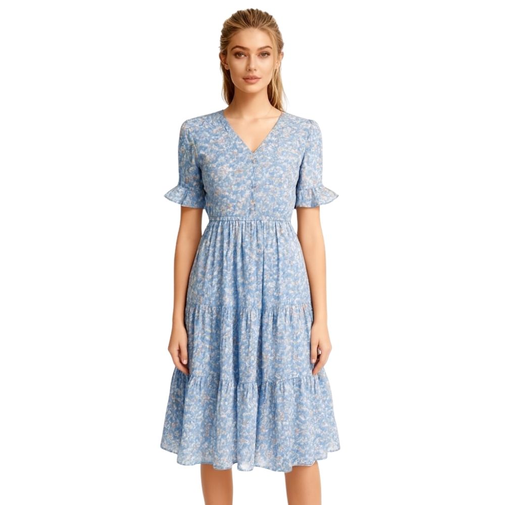 Woman wearing a kouvr blue floral dress on a white background