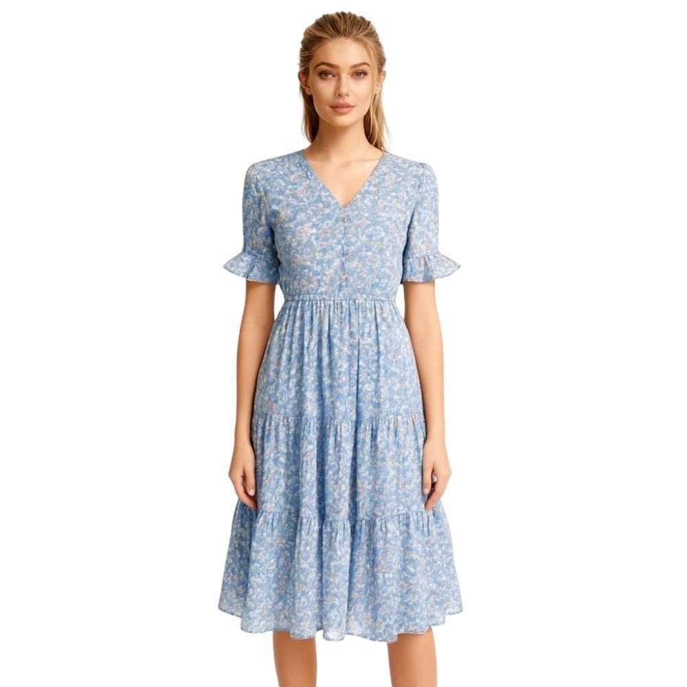 Floral Midi Dress with Flutter Sleeves & V-Neck | Light Blue Cottagecore Summer Dress for Women | Tiered Empire Waist Flowy Boho Dress Floral Midi Dress with Flutter Sleeves & V-Neck | Light Blue Cottagecore Summer Dress for Women | Tiered Empire Waist Flowy Boho Dress