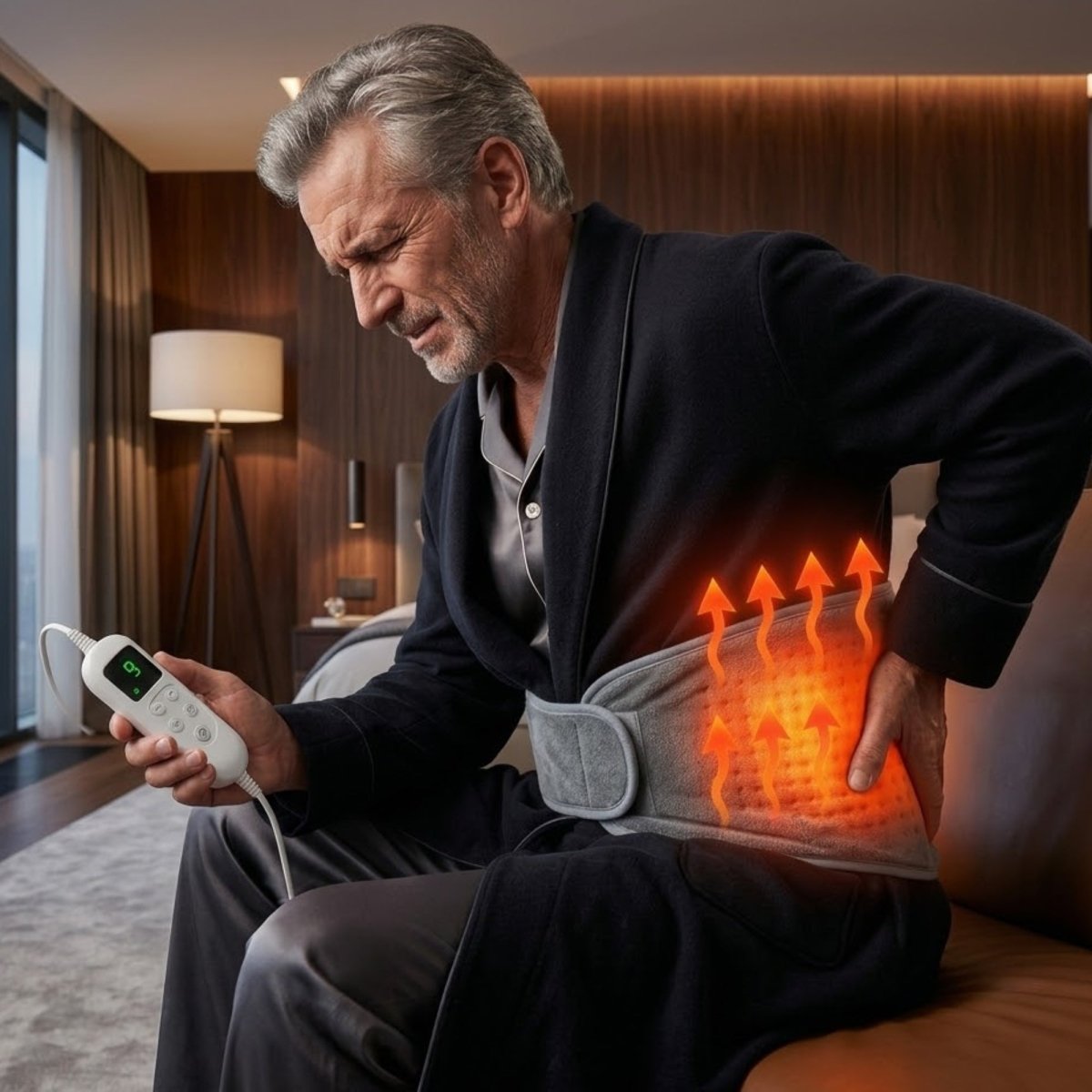 Senior man in luxury black velvet lounge robe using the Kouvr electric heating pad wrap around his lower back for deep thermal lumbar pain relief while resting on a leather couch.
