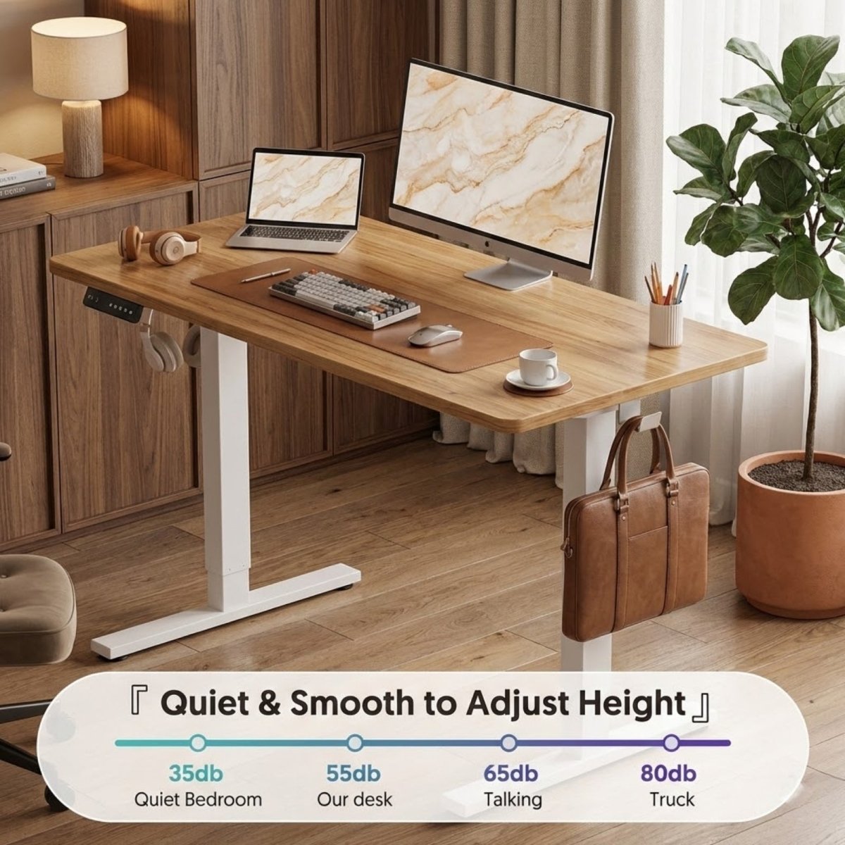 The Kouvr Artisan Electric Standing Desk with a natural oak top and white frame, set up in a bright, modern home office with a large monitor, laptop, and plant.