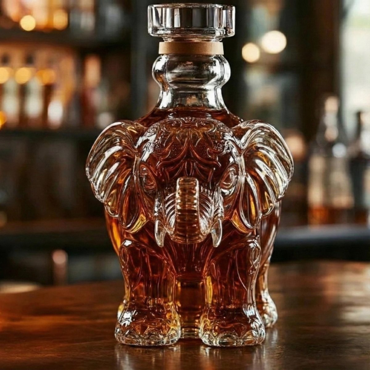Front view of an ornate elephant-shaped glass decanter for bourbon or scotch, showcasing intricate details on its face and ears.