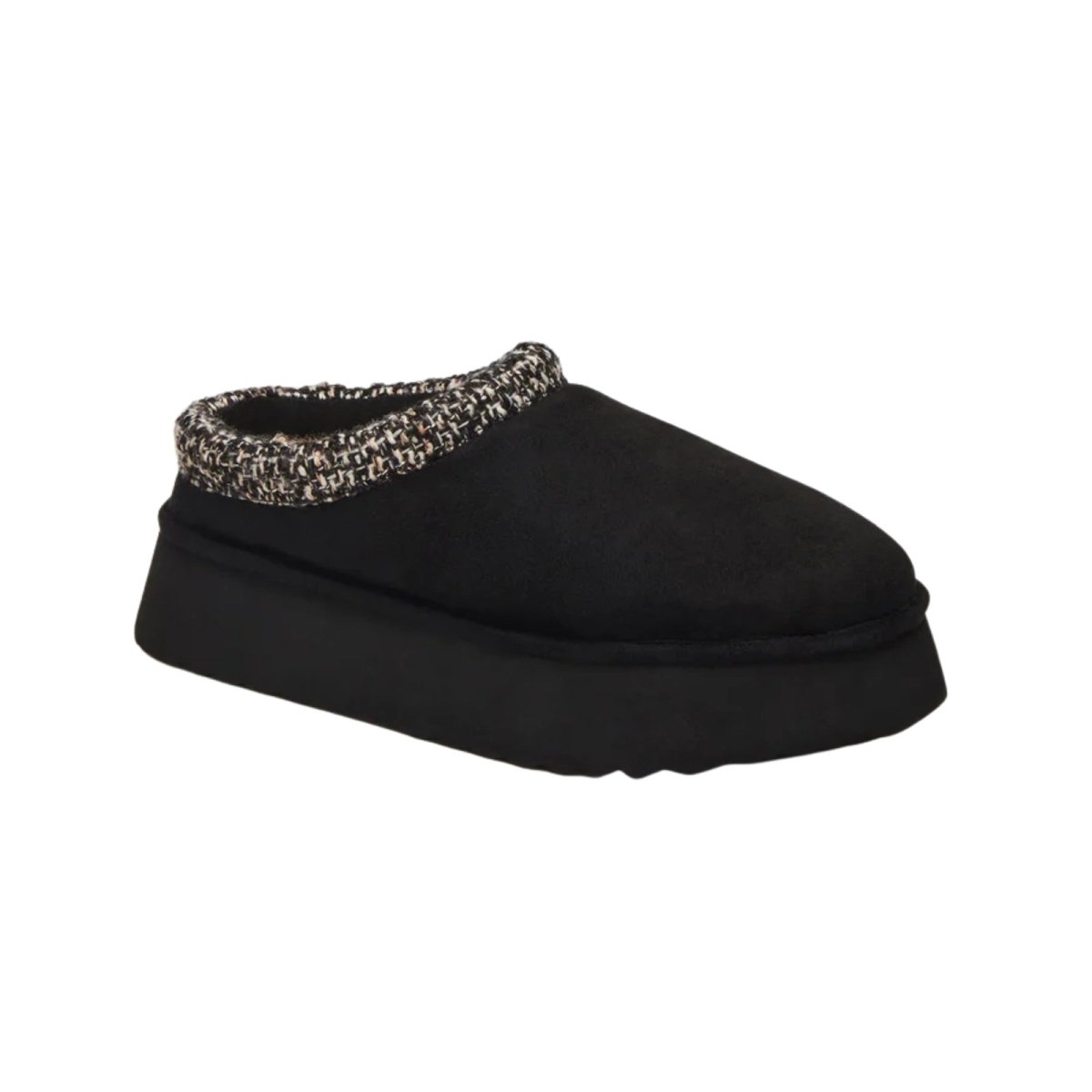 Black kouvr slipper with patterned trim on a white background