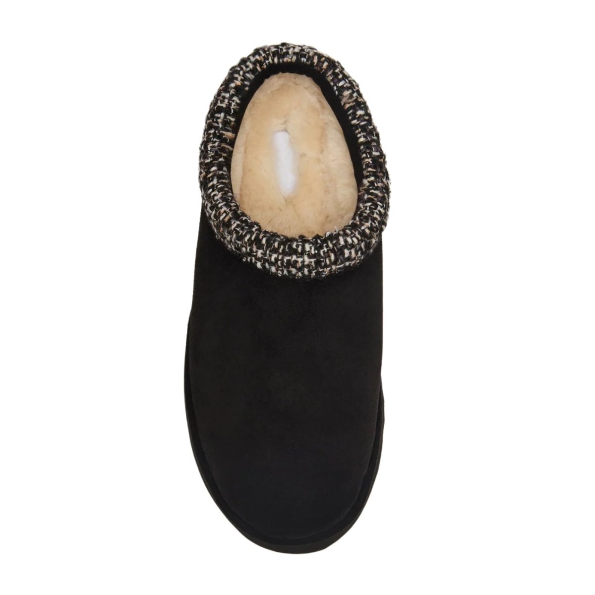 Kouvr Elevate Women's Platform Slipper Mule in Black kouvr Suede with Shearling Lining and Tweed Collar.