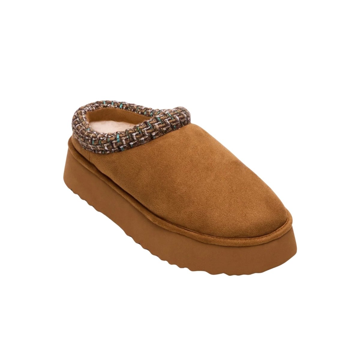 Kouvr Elevate Women's Platform Slipper Mule in Brown Suede with Shearling Lining and Tweed Collar.