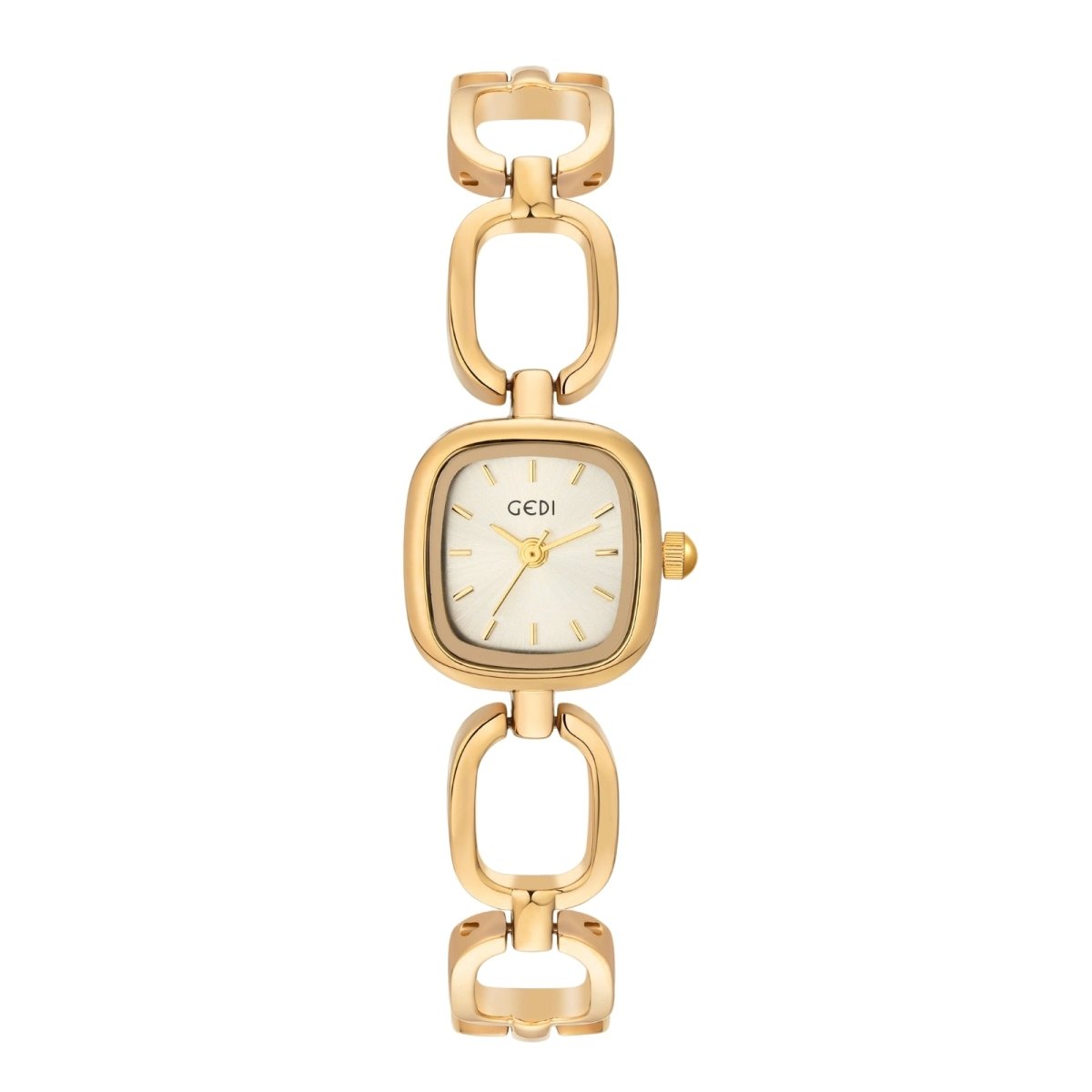 Gold kouvr chain-link watch with a white face on a white background