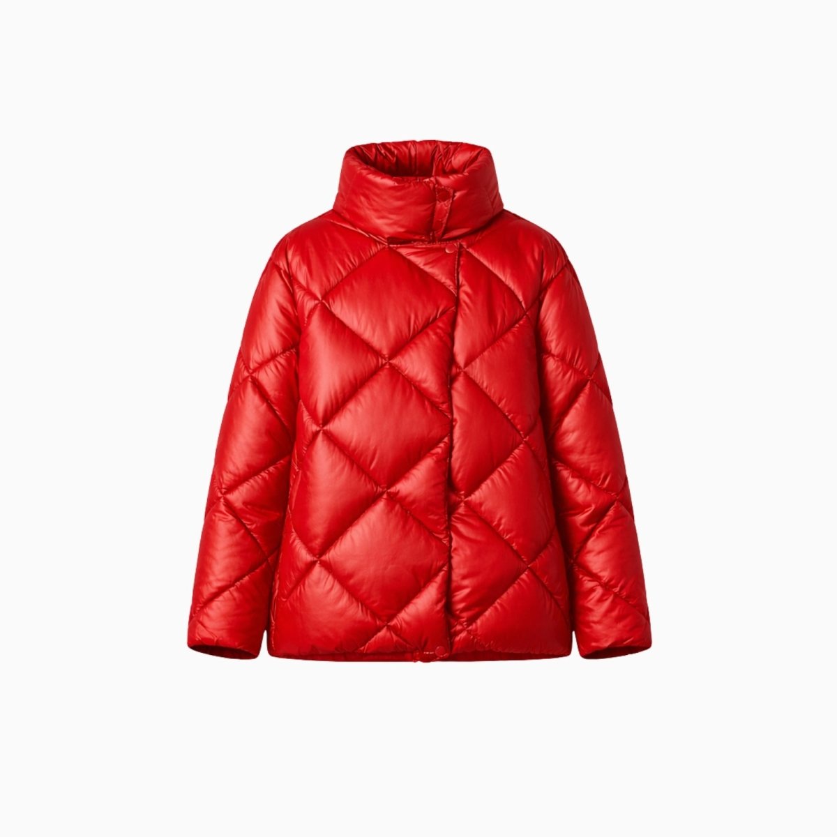 Studio product shot of a red high-neck puffer jacket with diamond quilting and front zipper closure.
