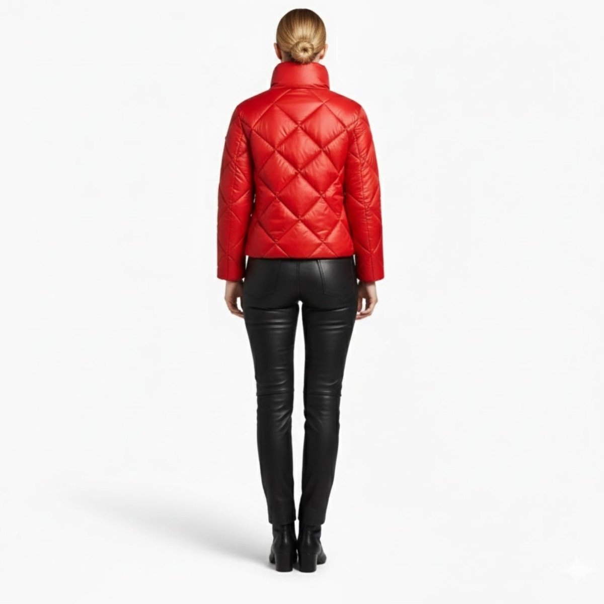 Back view of the Kouvr Elisse red puffer jacket showcasing the full diamond quilting pattern.