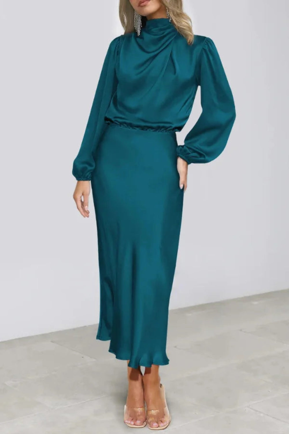 bishop sleeve midi dress Elegant Satin Midi Dress for Wedding Guest | High Neck Long Sleeve Cocktail  Dress | Formal Draped Blouson Gown for Evening Parties
