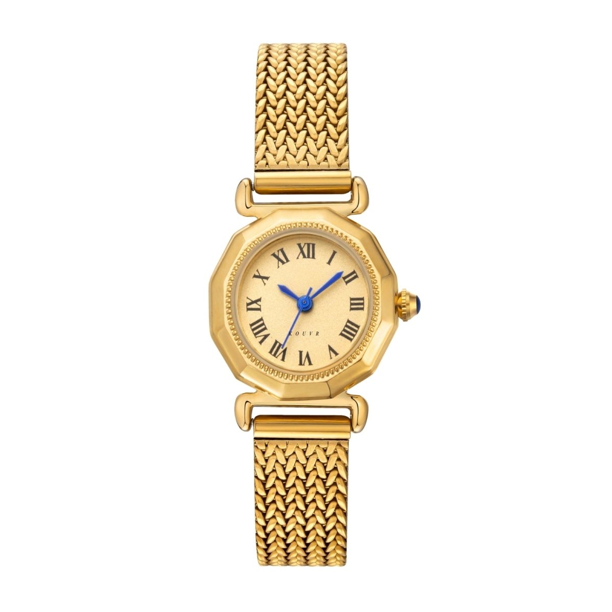 Gold Kouvr watch with mesh band on a white background