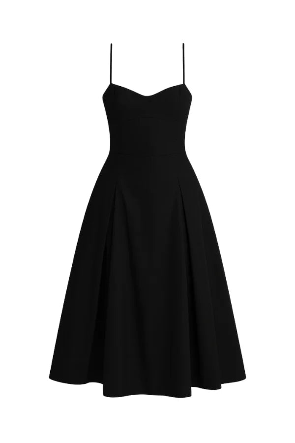 Black Sweetheart Midi Dress with Spaghetti Straps | Pleated A-Line Formal Cocktail Dress | Timeless Occasion Wear | Kouvr The Elowen& Dress Black Sweetheart Midi Dress with Spaghetti Straps | Pleated A-Line Formal Cocktail Dress | Timeless Occasion Wear | Kouvr The Elowen& Dress