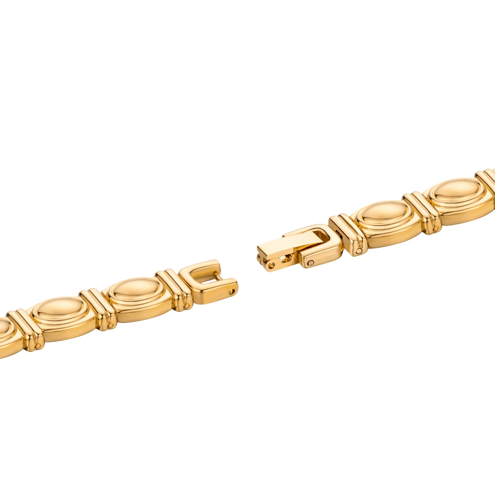 Angled close-up of the Kouvr Elsinora gold watch face showing the analog display and blue stone bracelet.