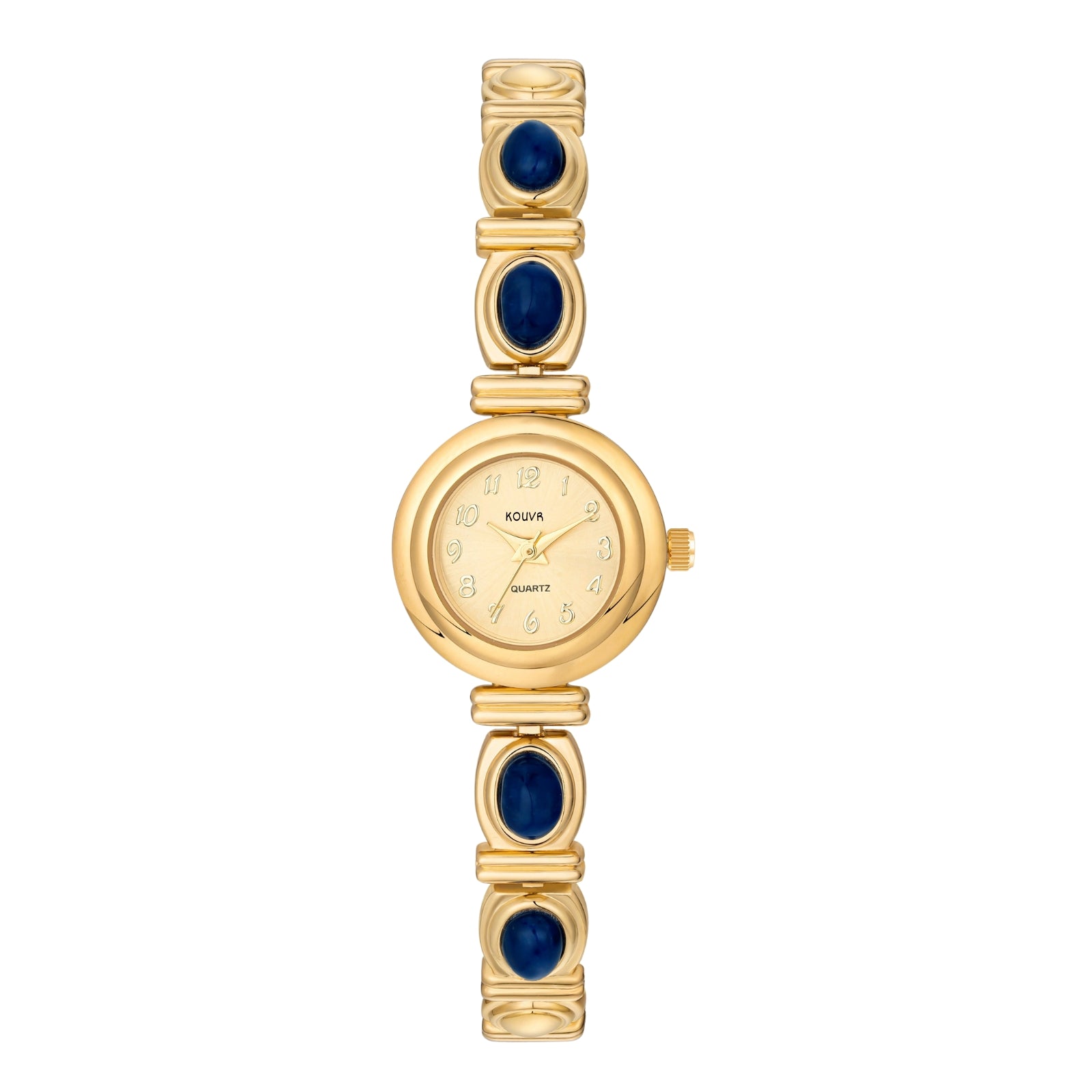 Kouvr Elsinora women's vintage style gold bracelet watch with blue oval stones on a white background.
