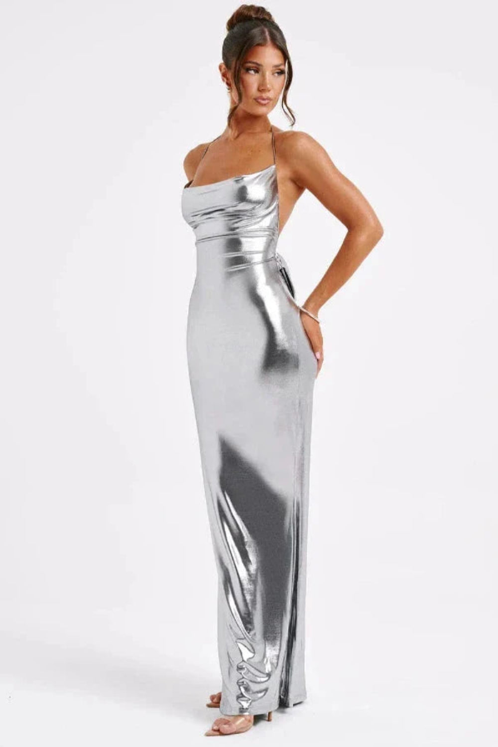 Silver Metallic Maxi Dress | Backless Halter Gown with Cowl Neck | Liquid Metal Formal Evening Gown for Prom & Gala | Elysian Dress by Kouvr Fashion Silver Metallic Maxi Dress | Backless Halter Gown with Cowl Neck | Liquid Metal Formal Evening Gown for Prom & Gala | Elysian Dress by Kouvr Fashion