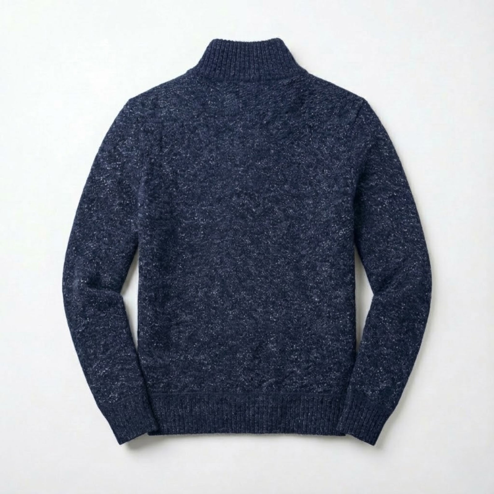 Flatlay product shot of the back of the Kouvr Elyson navy blue marl pullover sweater, showcasing the continuous textured weave.