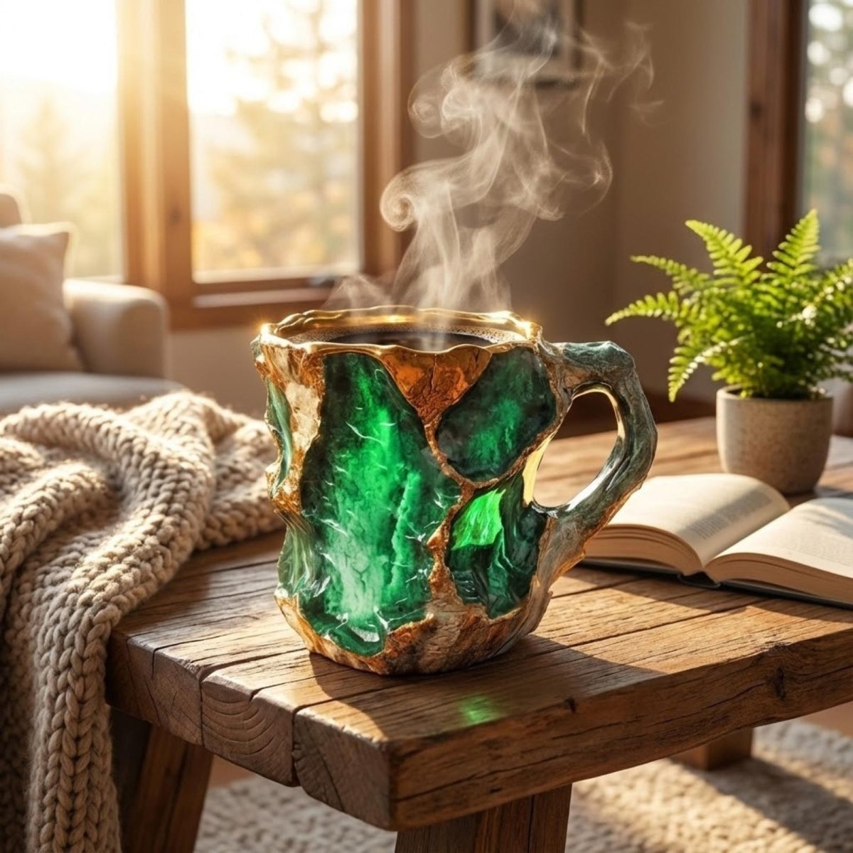 A Kouvr handcrafted emerald and gold mug filled with a steaming beverage on a rustic wooden table next to a blanket and a green plant.