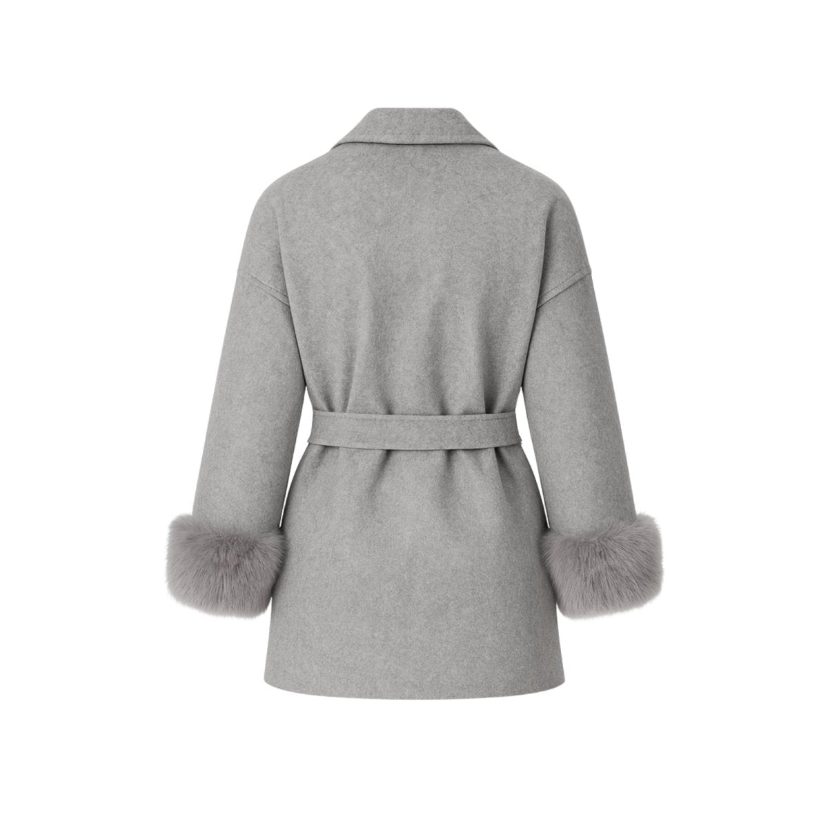 Gray coat with fur cuffs on a white background