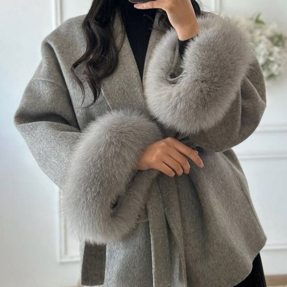 faux fur cuff wrap coat
heather grey robe coat
cashmere blend belted coat
shawl collar wool coat
luxury winter coat for women
short grey wrap coat