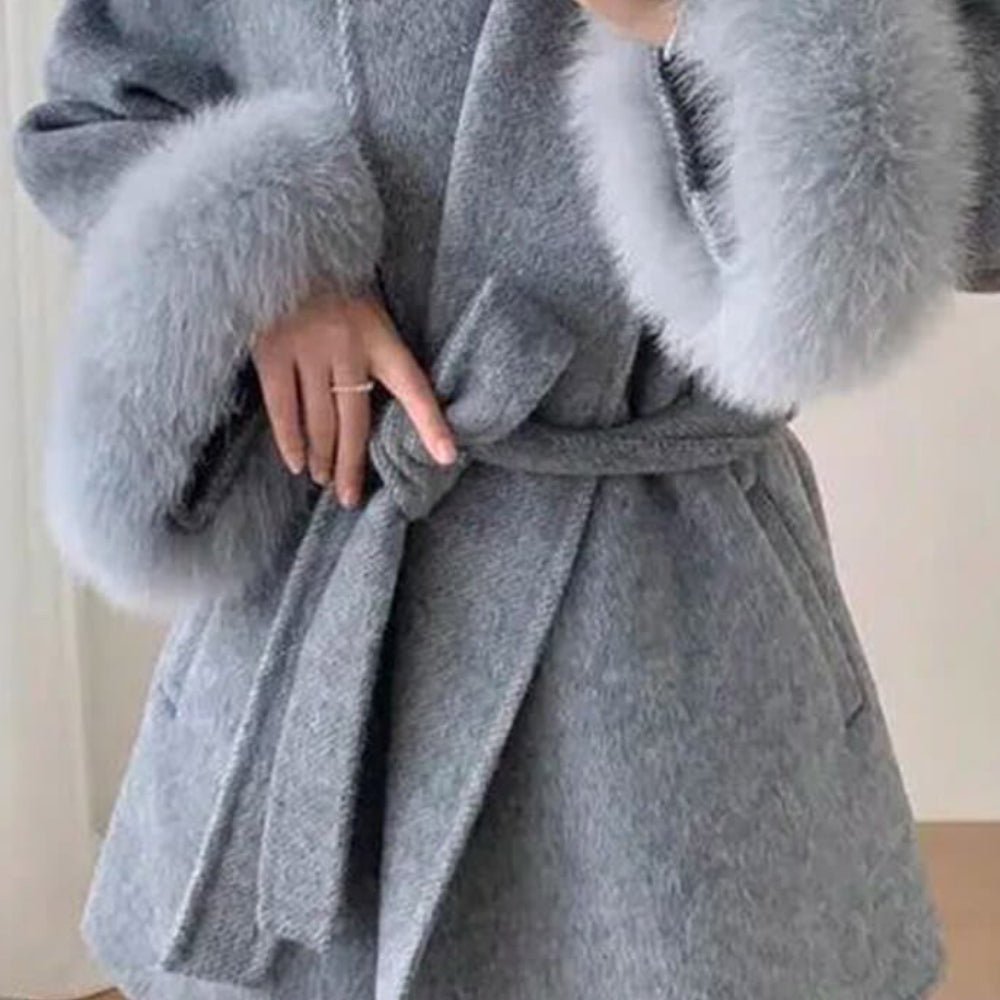faux fur cuff wrap coat
heather grey robe coat
cashmere blend belted coat
shawl collar wool coat
luxury winter coat for women
short grey wrap coat