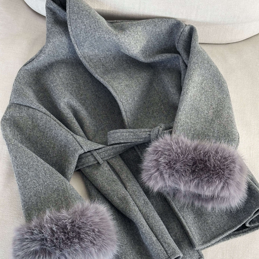faux fur cuff wrap coat
heather grey robe coat
cashmere blend belted coat
shawl collar wool coat
luxury winter coat for women
short grey wrap coat