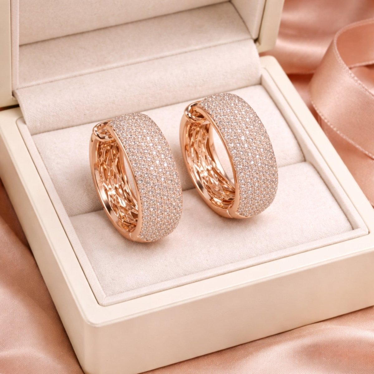 The rose gold pavé diamond hoop earrings elegantly displayed inside a luxurious cream-colored Kouvr jewelry box.