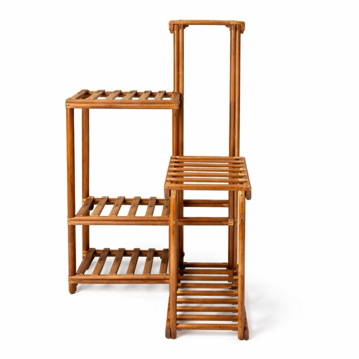 Studio shot of the empty wooden plant stand showing the reinforced frame, open slat shelves, and corner-fitting structural design.
