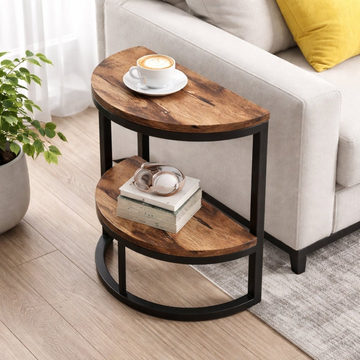 Rustic brown side table positioned next to a beige sofa with coffee and headphones, illustrating compact living room furniture.