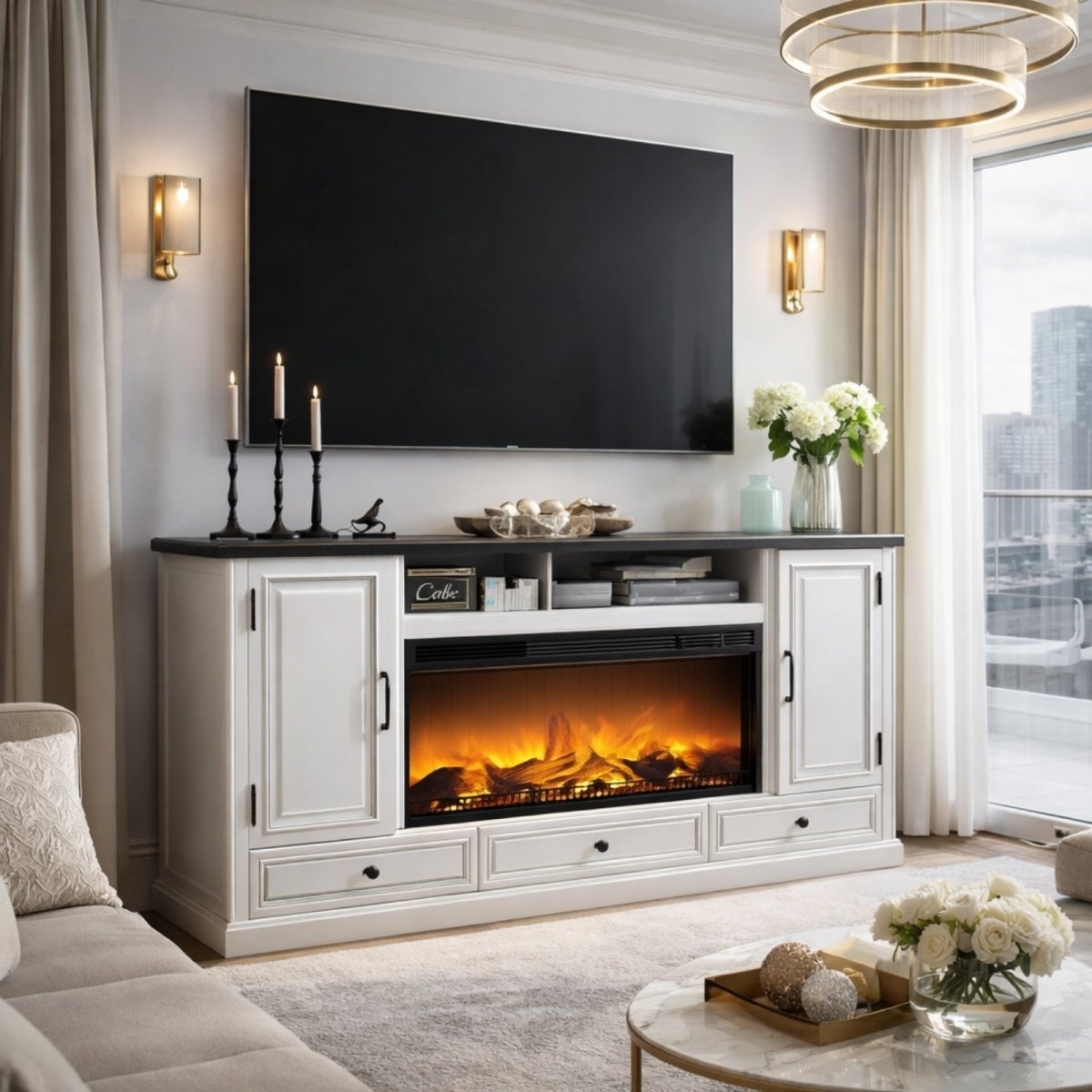 A large flat-screen TV mounted above the Kouvr 70-inch fireplace console in a bright, modern high-rise living room.