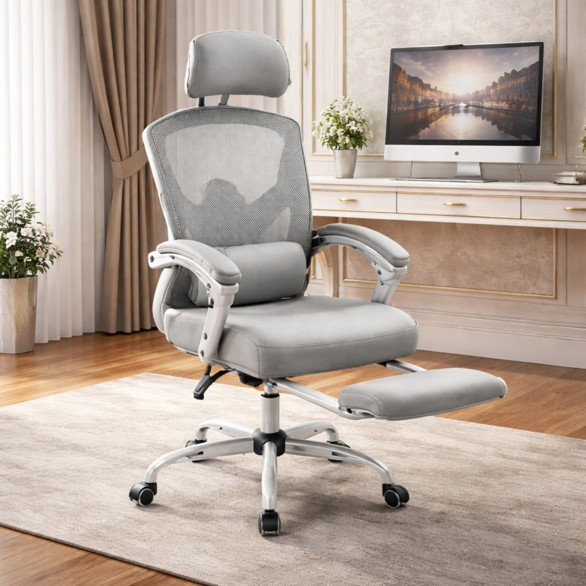 Detailed dimensions and specifications for the Kouvr office chair, showing height, width, seat depth, and adjustment ranges. Max weight capacity 275 lbs.