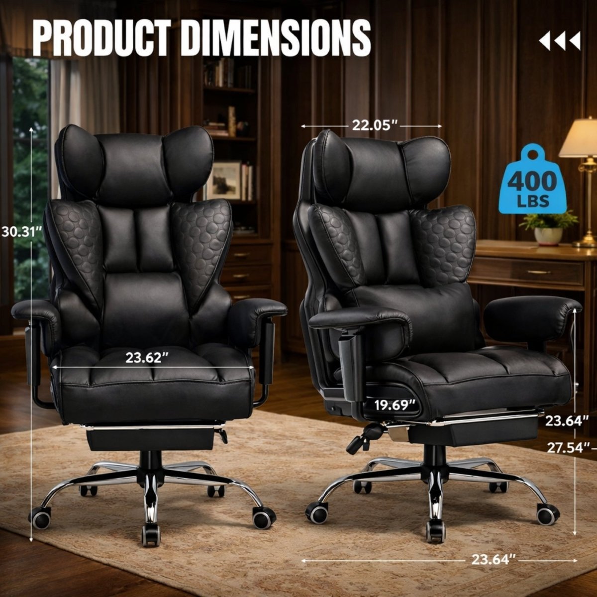 Detailed product dimensions of the Kouvr big and tall office chair, showing a 23.62-inch seat width and a 400 lbs weight capacity.