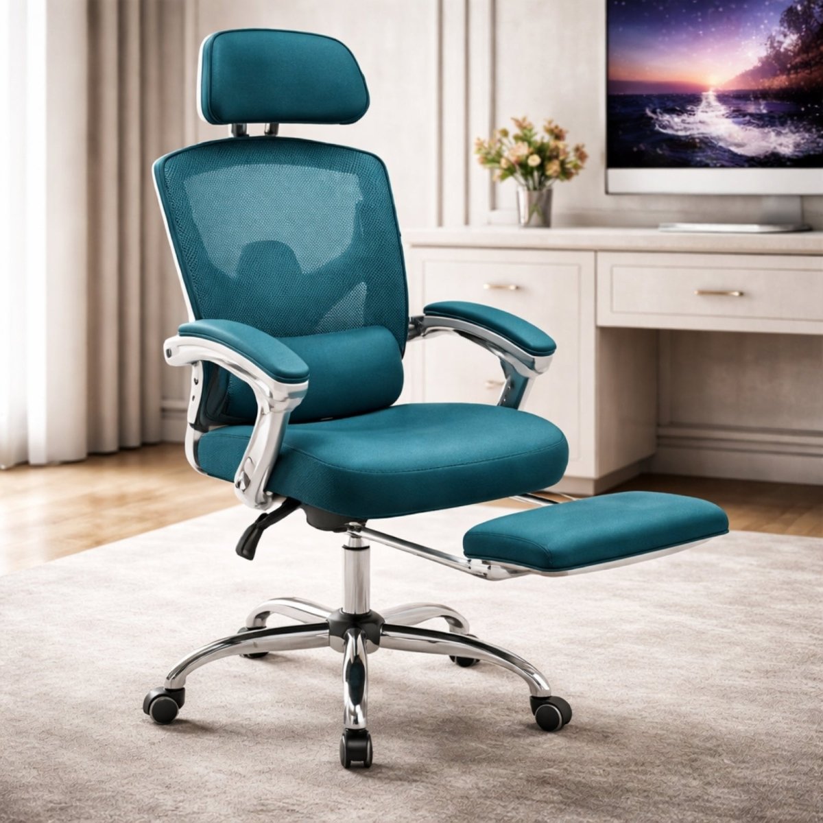 Kouvr ergonomic office chair in deep teal fabric with breathable mesh back, shown with the retractable leg rest extended in a bright home office setting.