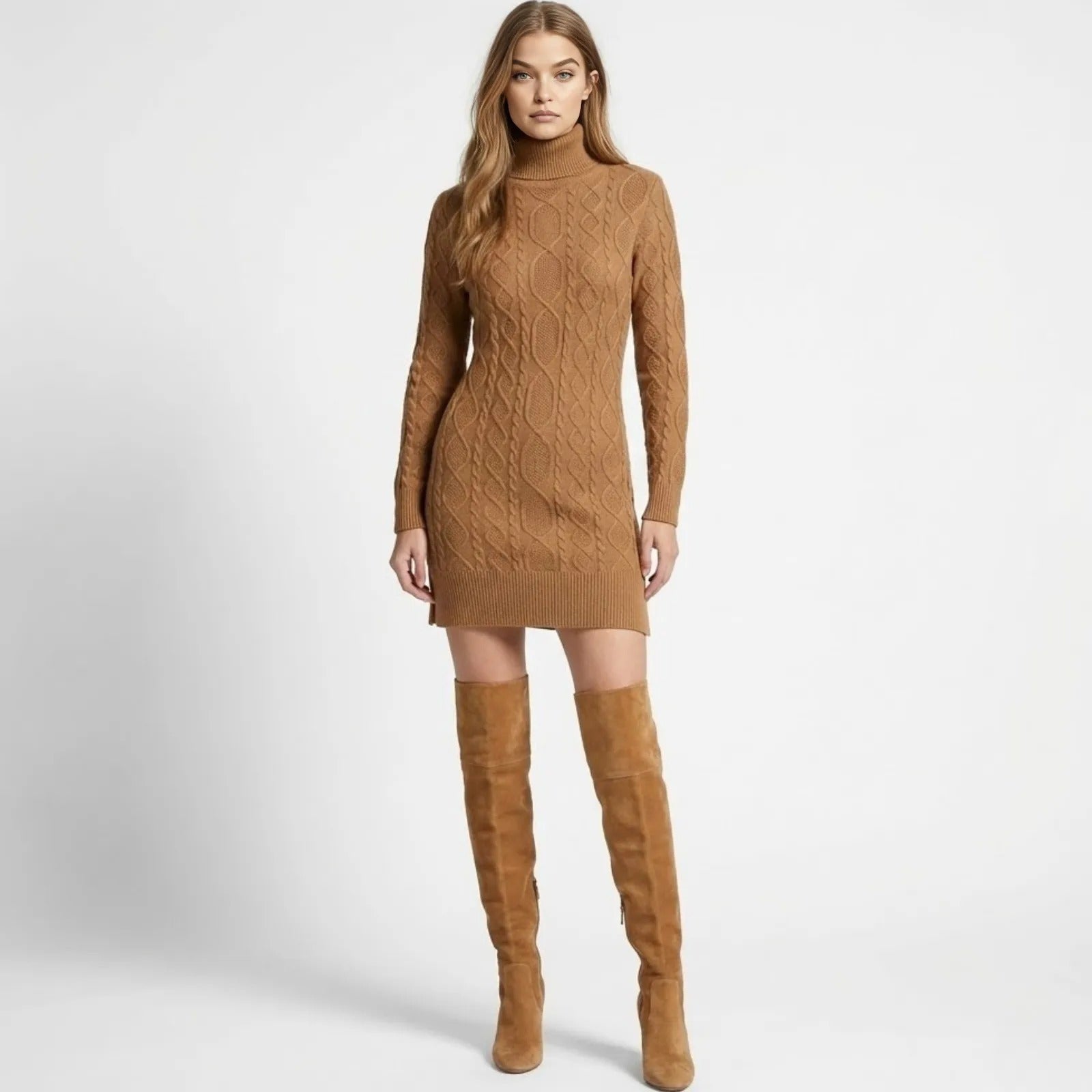 Model wearing the Kouvr Erza camel cable-knit turtleneck sweater dress with matching over-the-knee suede boots, front view.