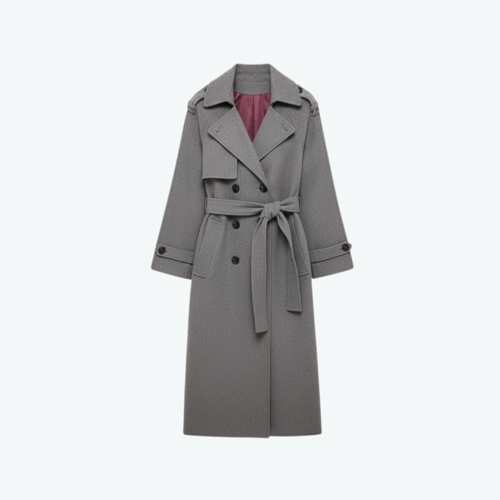 Studio product shot of the grey wool trench coat with the belt tied, showing the lapels and rich mulberry lining.