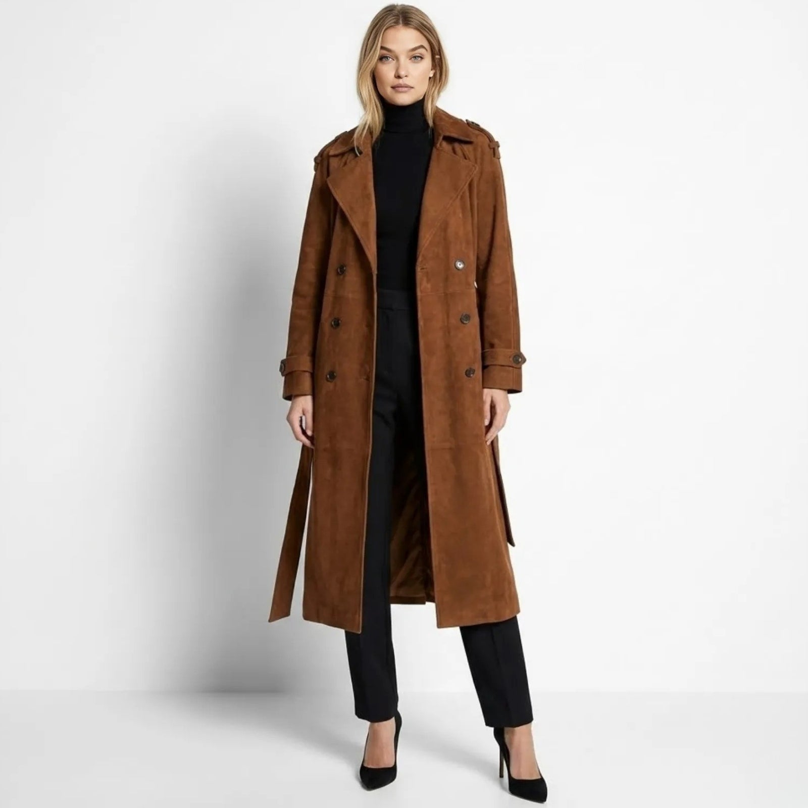 Model wearing the Kouvr Esther long brown suede trench coat, styled with a black turtleneck and trousers.