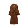 Product-only image of the double-breasted cognac brown suede trench coat with a tied belt against a neutral background.