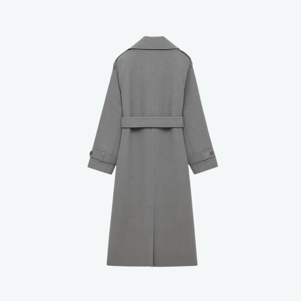 Flat lay of the back of the grey wool trench coat, showing the belt, epaulettes, and adjustable cuff details.