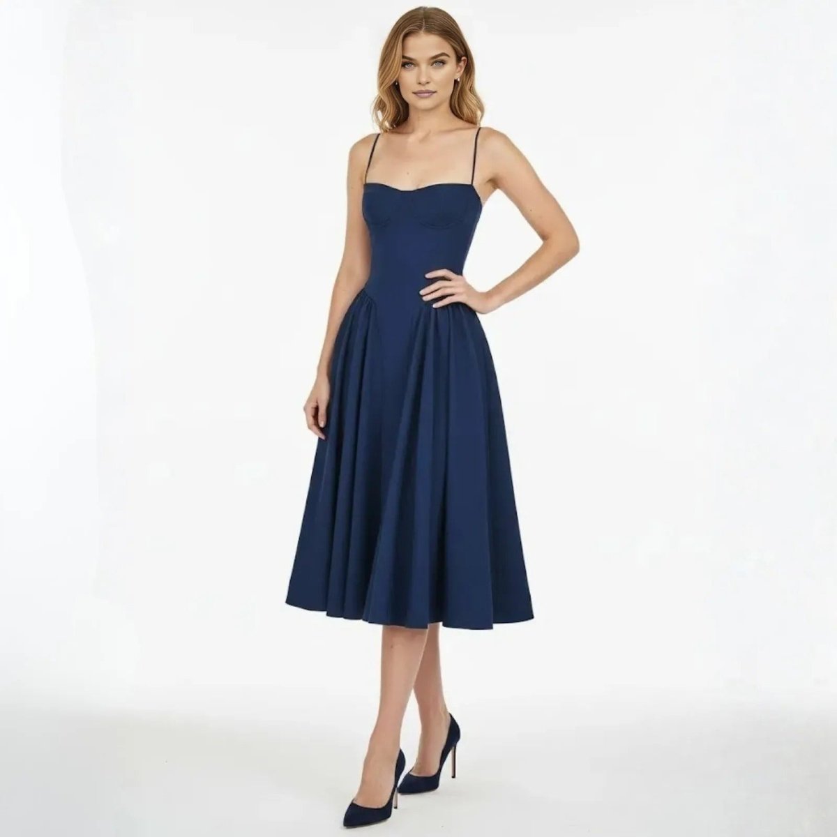 Navy Corset Midi Dress | Sweetheart Fit & Flare Cocktail Gown for Wedding Guest Formal Event Sleeveless Pleated A-Line Skirt | Kouvr Navy Corset Midi Dress | Sweetheart Fit & Flare Cocktail Gown for Wedding Guest Formal Event Sleeveless Pleated A-Line Skirt | Kouvr